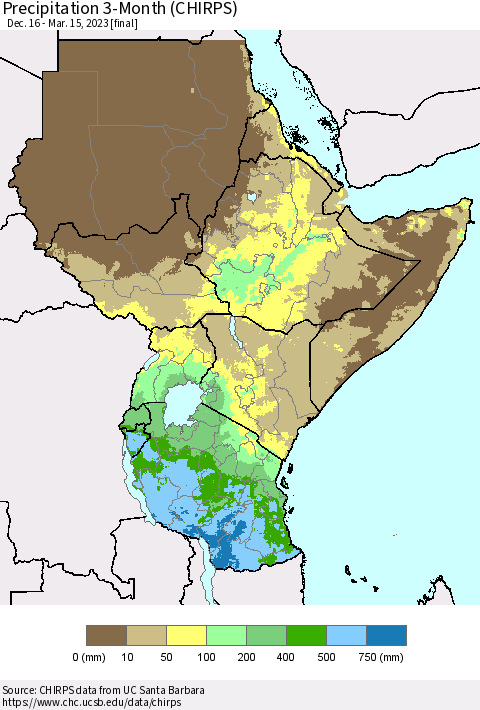 Eastern Africa Precipitation 3-Month (CHIRPS) Thematic Map For 12/16/2022 - 3/15/2023