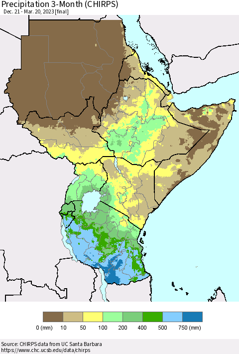 Eastern Africa Precipitation 3-Month (CHIRPS) Thematic Map For 12/21/2022 - 3/20/2023