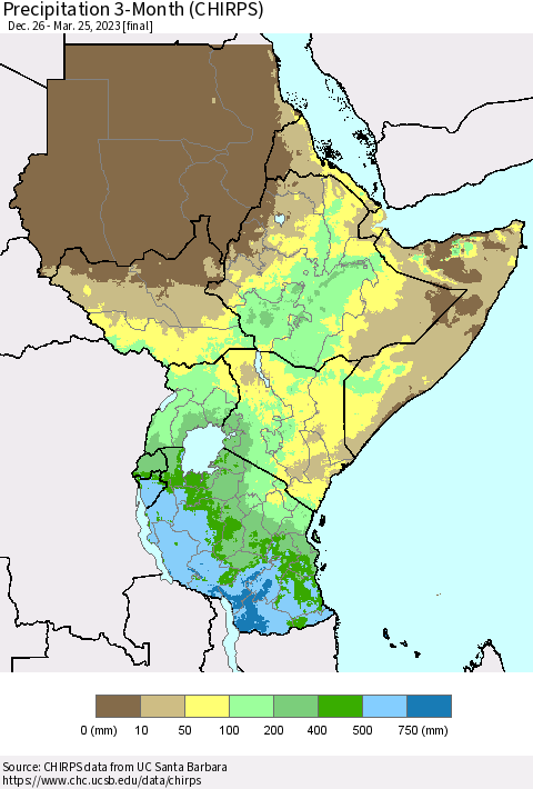 Eastern Africa Precipitation 3-Month (CHIRPS) Thematic Map For 12/26/2022 - 3/25/2023