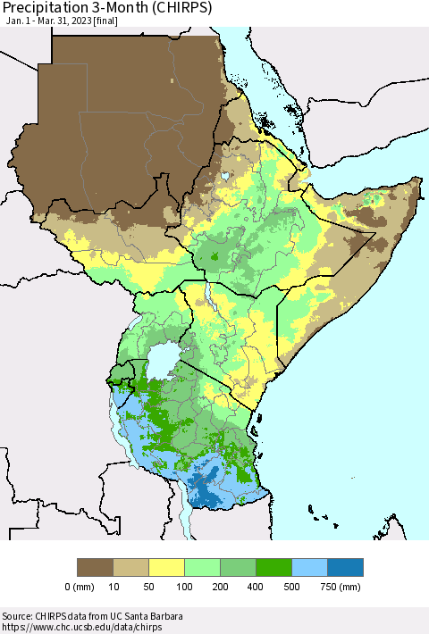 Eastern Africa Precipitation 3-Month (CHIRPS) Thematic Map For 1/1/2023 - 3/31/2023