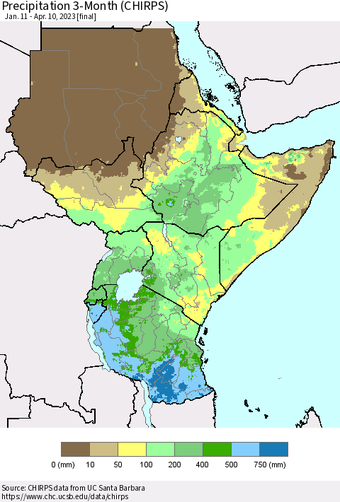 Eastern Africa Precipitation 3-Month (CHIRPS) Thematic Map For 1/11/2023 - 4/10/2023