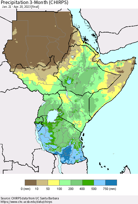 Eastern Africa Precipitation 3-Month (CHIRPS) Thematic Map For 1/21/2023 - 4/20/2023