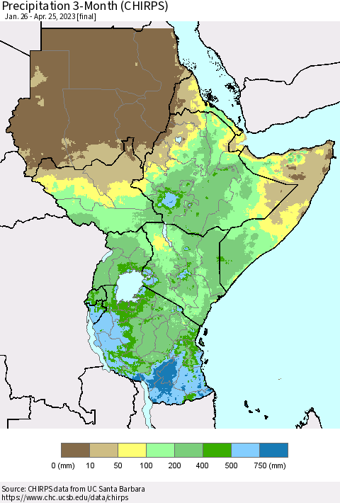 Eastern Africa Precipitation 3-Month (CHIRPS) Thematic Map For 1/26/2023 - 4/25/2023