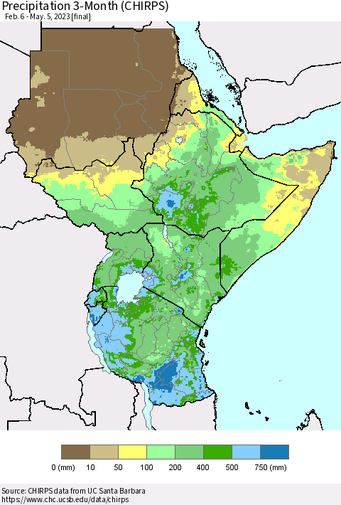 Eastern Africa Precipitation 3-Month (CHIRPS) Thematic Map For 2/6/2023 - 5/5/2023