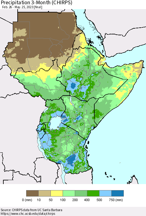 Eastern Africa Precipitation 3-Month (CHIRPS) Thematic Map For 2/26/2023 - 5/25/2023