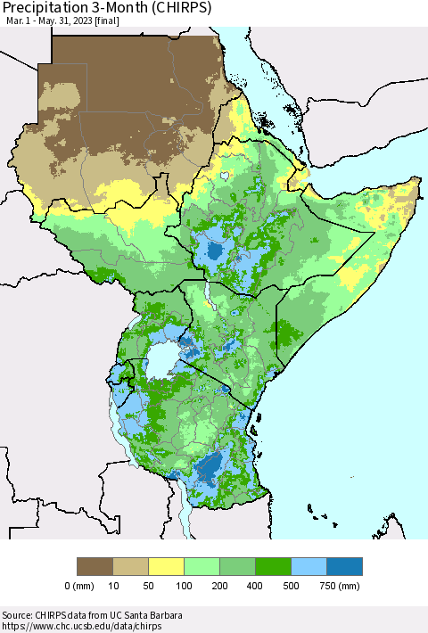 Eastern Africa Precipitation 3-Month (CHIRPS) Thematic Map For 3/1/2023 - 5/31/2023
