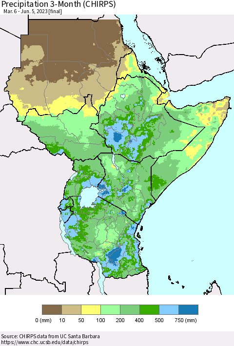 Eastern Africa Precipitation 3-Month (CHIRPS) Thematic Map For 3/6/2023 - 6/5/2023
