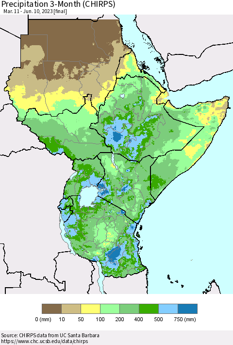 Eastern Africa Precipitation 3-Month (CHIRPS) Thematic Map For 3/11/2023 - 6/10/2023