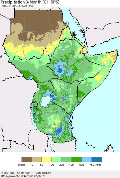 Eastern Africa Precipitation 3-Month (CHIRPS) Thematic Map For 3/16/2023 - 6/15/2023
