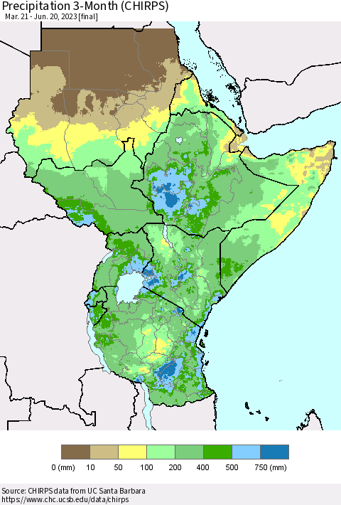 Eastern Africa Precipitation 3-Month (CHIRPS) Thematic Map For 3/21/2023 - 6/20/2023