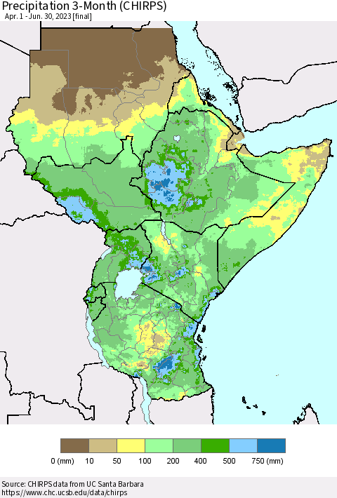 Eastern Africa Precipitation 3-Month (CHIRPS) Thematic Map For 4/1/2023 - 6/30/2023
