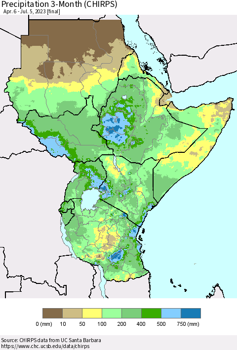 Eastern Africa Precipitation 3-Month (CHIRPS) Thematic Map For 4/6/2023 - 7/5/2023