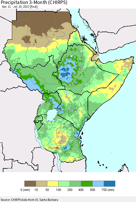 Eastern Africa Precipitation 3-Month (CHIRPS) Thematic Map For 4/11/2023 - 7/10/2023