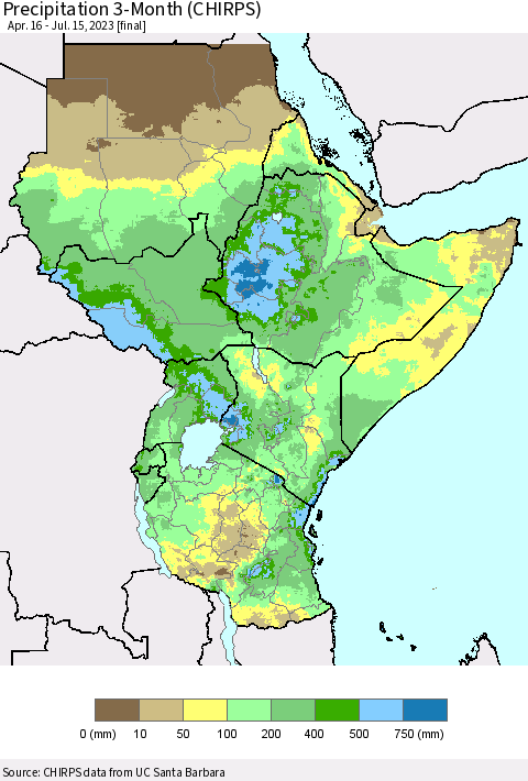 Eastern Africa Precipitation 3-Month (CHIRPS) Thematic Map For 4/16/2023 - 7/15/2023