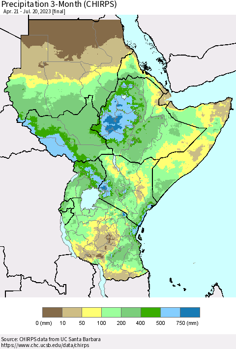 Eastern Africa Precipitation 3-Month (CHIRPS) Thematic Map For 4/21/2023 - 7/20/2023