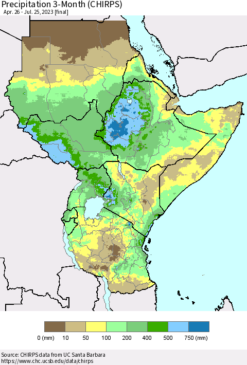 Eastern Africa Precipitation 3-Month (CHIRPS) Thematic Map For 4/26/2023 - 7/25/2023