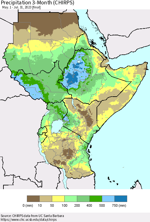 Eastern Africa Precipitation 3-Month (CHIRPS) Thematic Map For 5/1/2023 - 7/31/2023