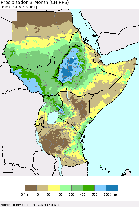Eastern Africa Precipitation 3-Month (CHIRPS) Thematic Map For 5/6/2023 - 8/5/2023