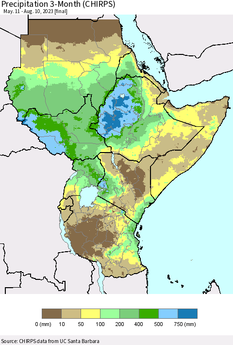 Eastern Africa Precipitation 3-Month (CHIRPS) Thematic Map For 5/11/2023 - 8/10/2023
