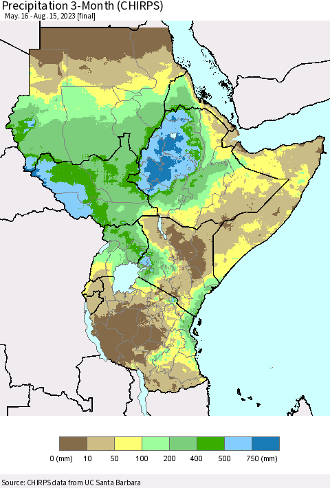 Eastern Africa Precipitation 3-Month (CHIRPS) Thematic Map For 5/16/2023 - 8/15/2023