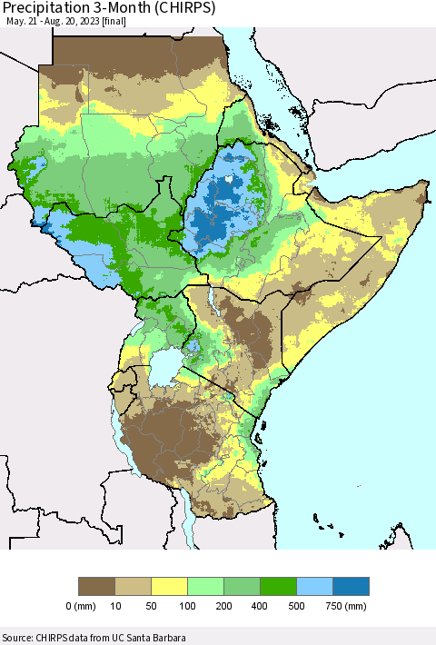Eastern Africa Precipitation 3-Month (CHIRPS) Thematic Map For 5/21/2023 - 8/20/2023