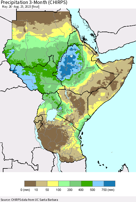 Eastern Africa Precipitation 3-Month (CHIRPS) Thematic Map For 5/26/2023 - 8/25/2023