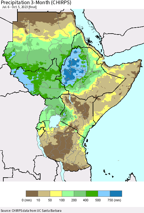 Eastern Africa Precipitation 3-Month (CHIRPS) Thematic Map For 7/6/2023 - 10/5/2023