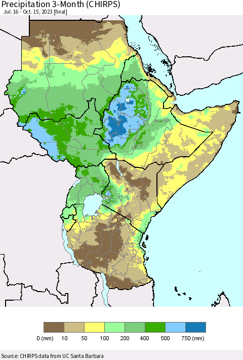 Eastern Africa Precipitation 3-Month (CHIRPS) Thematic Map For 7/16/2023 - 10/15/2023