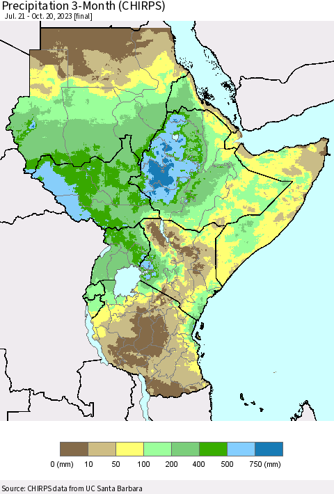 Eastern Africa Precipitation 3-Month (CHIRPS) Thematic Map For 7/21/2023 - 10/20/2023