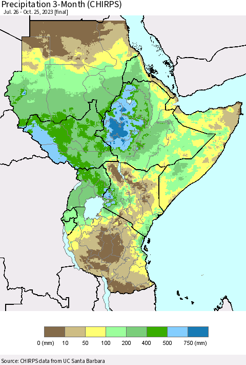 Eastern Africa Precipitation 3-Month (CHIRPS) Thematic Map For 7/26/2023 - 10/25/2023