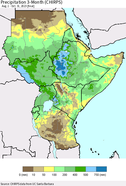 Eastern Africa Precipitation 3-Month (CHIRPS) Thematic Map For 8/1/2023 - 10/31/2023