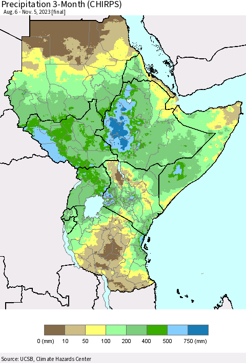 Eastern Africa Precipitation 3-Month (CHIRPS) Thematic Map For 8/6/2023 - 11/5/2023