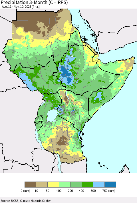 Eastern Africa Precipitation 3-Month (CHIRPS) Thematic Map For 8/11/2023 - 11/10/2023