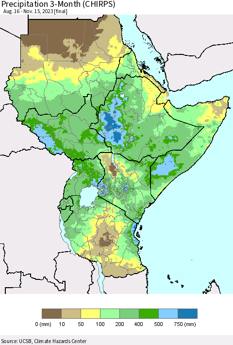 Eastern Africa Precipitation 3-Month (CHIRPS) Thematic Map For 8/16/2023 - 11/15/2023