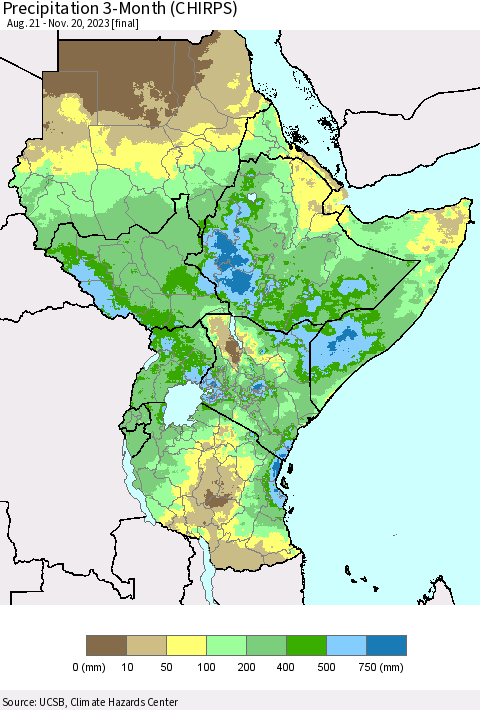 Eastern Africa Precipitation 3-Month (CHIRPS) Thematic Map For 8/21/2023 - 11/20/2023