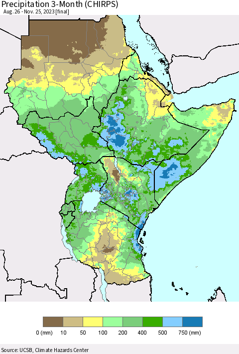 Eastern Africa Precipitation 3-Month (CHIRPS) Thematic Map For 8/26/2023 - 11/25/2023
