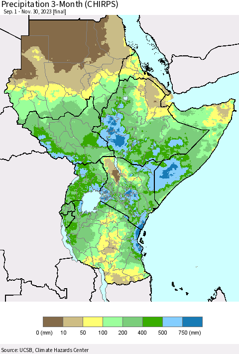 Eastern Africa Precipitation 3-Month (CHIRPS) Thematic Map For 9/1/2023 - 11/30/2023