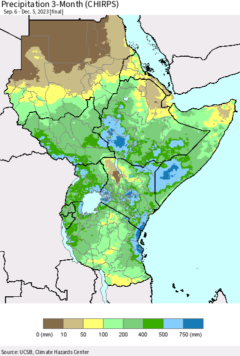 Eastern Africa Precipitation 3-Month (CHIRPS) Thematic Map For 9/6/2023 - 12/5/2023