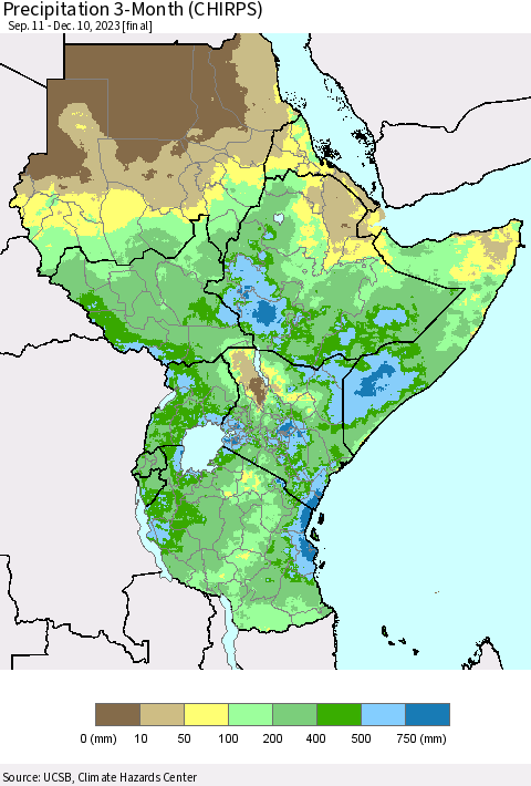 Eastern Africa Precipitation 3-Month (CHIRPS) Thematic Map For 9/11/2023 - 12/10/2023