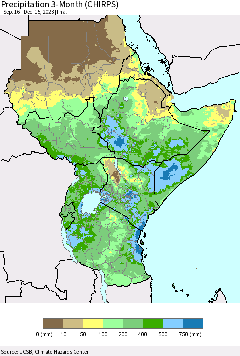 Eastern Africa Precipitation 3-Month (CHIRPS) Thematic Map For 9/16/2023 - 12/15/2023