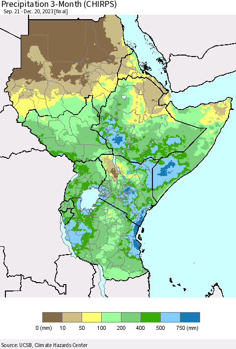 Eastern Africa Precipitation 3-Month (CHIRPS) Thematic Map For 9/21/2023 - 12/20/2023