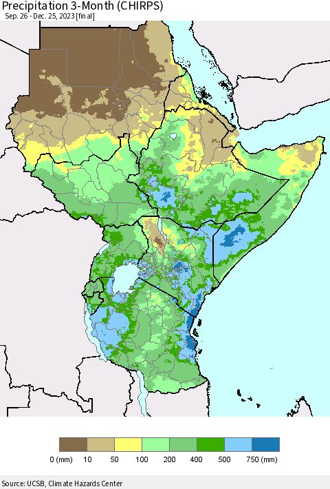 Eastern Africa Precipitation 3-Month (CHIRPS) Thematic Map For 9/26/2023 - 12/25/2023