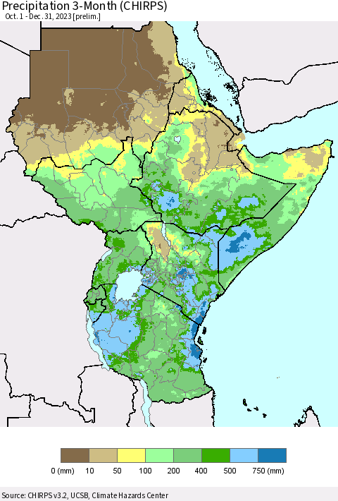 Eastern Africa Precipitation 3-Month (CHIRPS) Thematic Map For 10/1/2023 - 12/31/2023