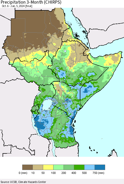 Eastern Africa Precipitation 3-Month (CHIRPS) Thematic Map For 10/6/2023 - 1/5/2024