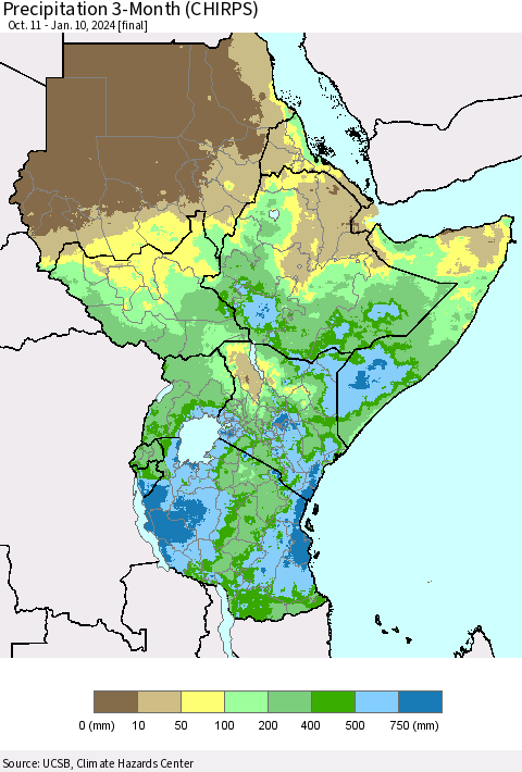 Eastern Africa Precipitation 3-Month (CHIRPS) Thematic Map For 10/11/2023 - 1/10/2024