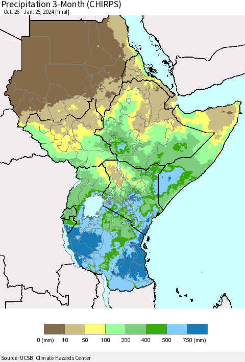 Eastern Africa Precipitation 3-Month (CHIRPS) Thematic Map For 10/26/2023 - 1/25/2024