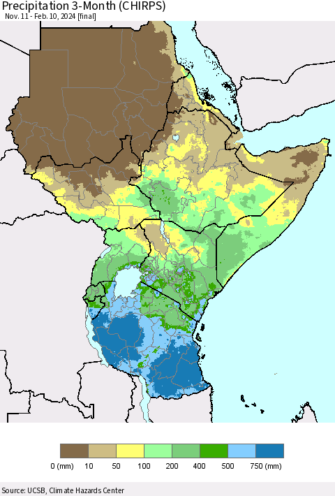Eastern Africa Precipitation 3-Month (CHIRPS) Thematic Map For 11/11/2023 - 2/10/2024