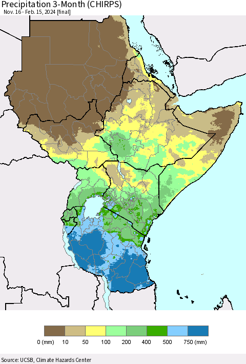 Eastern Africa Precipitation 3-Month (CHIRPS) Thematic Map For 11/16/2023 - 2/15/2024