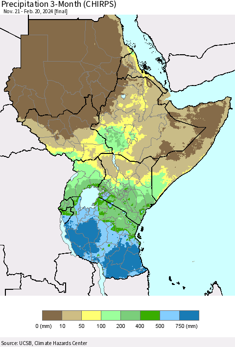 Eastern Africa Precipitation 3-Month (CHIRPS) Thematic Map For 11/21/2023 - 2/20/2024