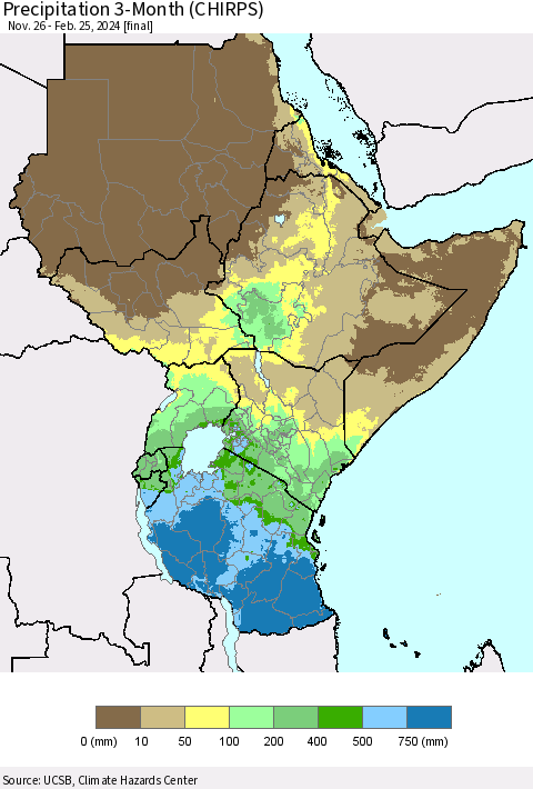 Eastern Africa Precipitation 3-Month (CHIRPS) Thematic Map For 11/26/2023 - 2/25/2024